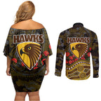 Hawthorn Hawks ANZAC Day Couples Matching Off Shoulder Short Dress and Long Sleeve Button Shirt Indigenous Dot Art with Poppy Flower Tribute