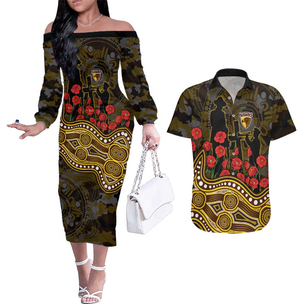 Hawthorn Hawks ANZAC Day Couples Matching Off The Shoulder Long Sleeve Dress and Hawaiian Shirt Indigenous Dot Art with Poppy Flower Tribute