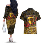 Hawthorn Hawks ANZAC Day Couples Matching Off The Shoulder Long Sleeve Dress and Hawaiian Shirt Indigenous Dot Art with Poppy Flower Tribute