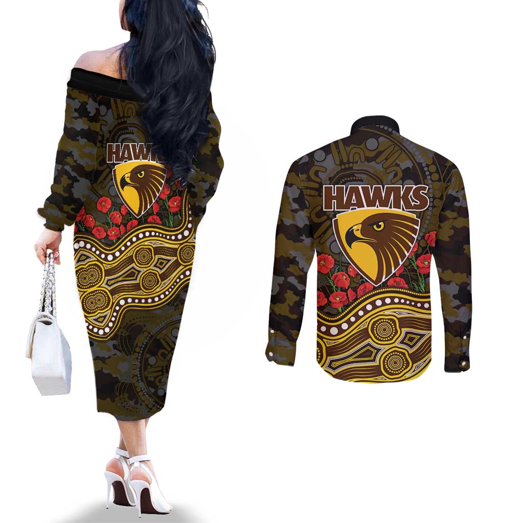 Hawthorn Hawks ANZAC Day Couples Matching Off The Shoulder Long Sleeve Dress and Long Sleeve Button Shirt Indigenous Dot Art with Poppy Flower Tribute