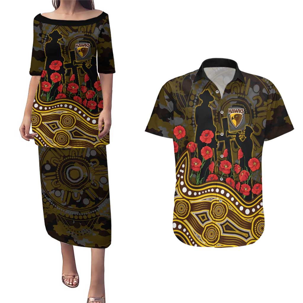 Hawthorn Hawks ANZAC Day Couples Matching Puletasi and Hawaiian Shirt Indigenous Dot Art with Poppy Flower Tribute