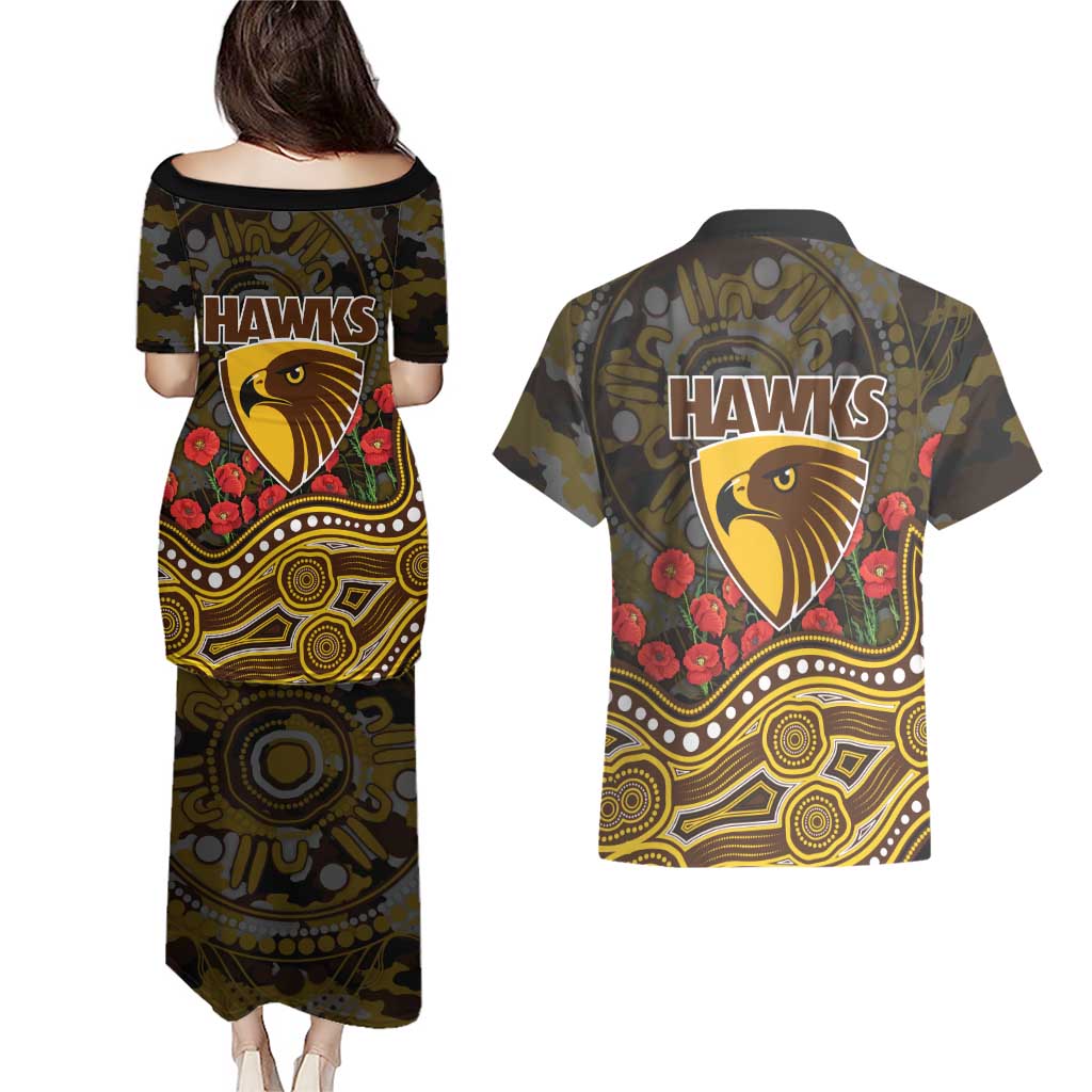 Hawthorn Hawks ANZAC Day Couples Matching Puletasi and Hawaiian Shirt Indigenous Dot Art with Poppy Flower Tribute