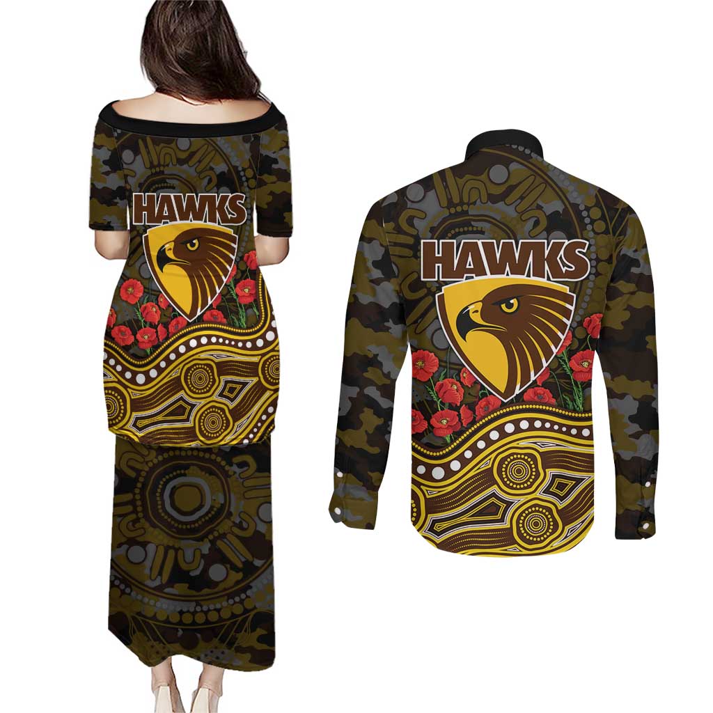 Hawthorn Hawks ANZAC Day Couples Matching Puletasi and Long Sleeve Button Shirt Indigenous Dot Art with Poppy Flower Tribute