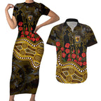 Hawthorn Hawks ANZAC Day Couples Matching Short Sleeve Bodycon Dress and Hawaiian Shirt Indigenous Dot Art with Poppy Flower Tribute