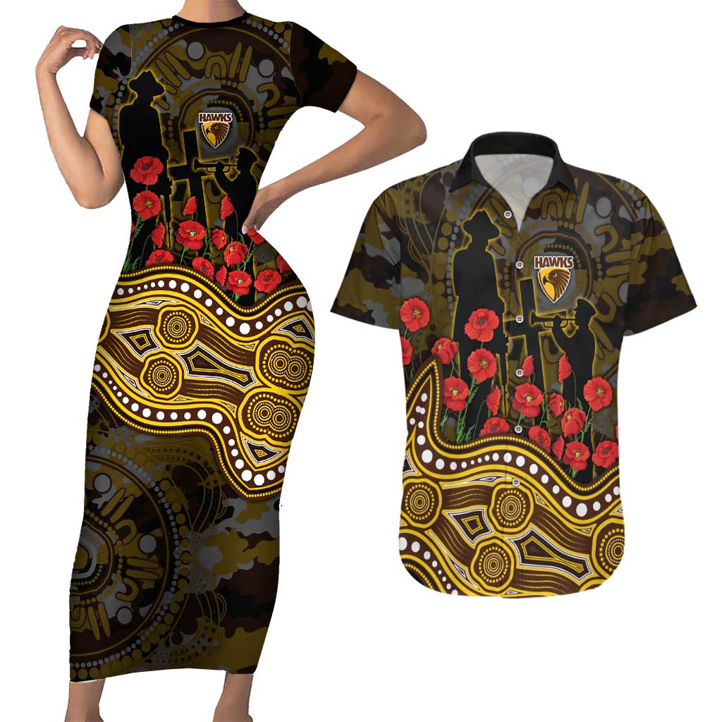 Hawthorn Hawks ANZAC Day Couples Matching Short Sleeve Bodycon Dress and Hawaiian Shirt Indigenous Dot Art with Poppy Flower Tribute