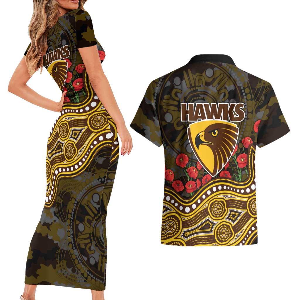 Hawthorn Hawks ANZAC Day Couples Matching Short Sleeve Bodycon Dress and Hawaiian Shirt Indigenous Dot Art with Poppy Flower Tribute