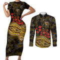 Hawthorn Hawks ANZAC Day Couples Matching Short Sleeve Bodycon Dress and Long Sleeve Button Shirt Indigenous Dot Art with Poppy Flower Tribute