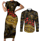 Hawthorn Hawks ANZAC Day Couples Matching Short Sleeve Bodycon Dress and Long Sleeve Button Shirt Indigenous Dot Art with Poppy Flower Tribute