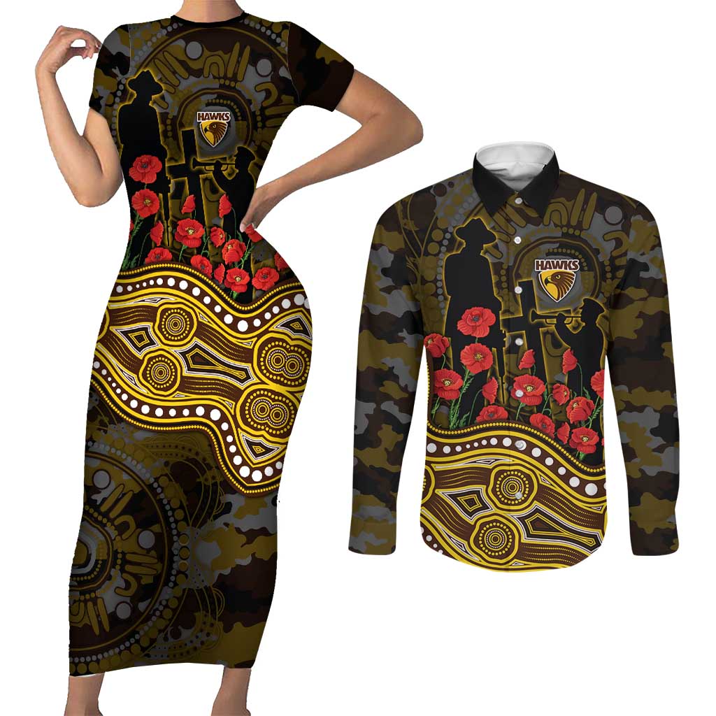 Hawthorn Hawks ANZAC Day Couples Matching Short Sleeve Bodycon Dress and Long Sleeve Button Shirt Indigenous Dot Art with Poppy Flower Tribute