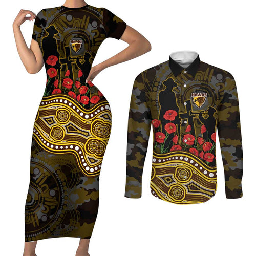 Hawthorn Hawks ANZAC Day Couples Matching Short Sleeve Bodycon Dress and Long Sleeve Button Shirt Indigenous Dot Art with Poppy Flower Tribute