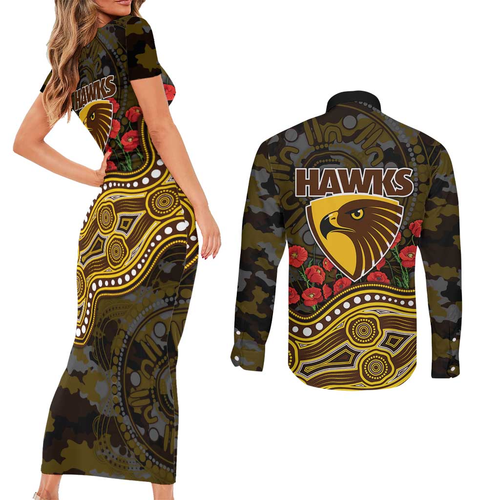 Hawthorn Hawks ANZAC Day Couples Matching Short Sleeve Bodycon Dress and Long Sleeve Button Shirt Indigenous Dot Art with Poppy Flower Tribute