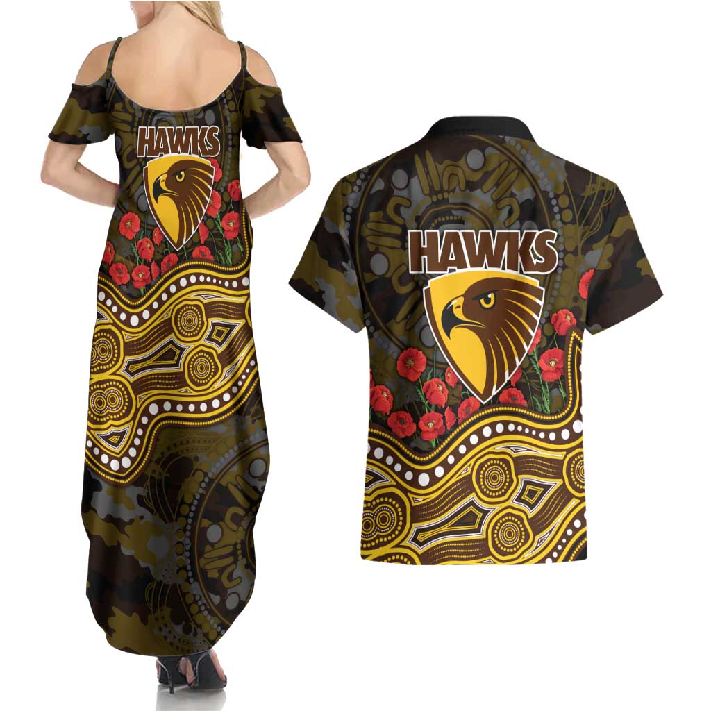 Hawthorn Hawks ANZAC Day Couples Matching Summer Maxi Dress and Hawaiian Shirt Indigenous Dot Art with Poppy Flower Tribute
