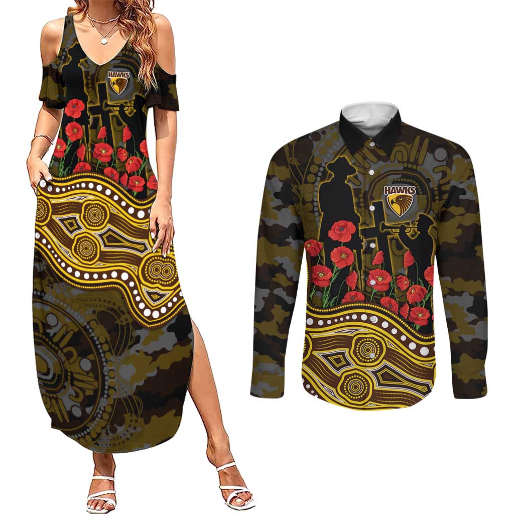 Hawthorn Hawks ANZAC Day Couples Matching Summer Maxi Dress and Long Sleeve Button Shirt Indigenous Dot Art with Poppy Flower Tribute