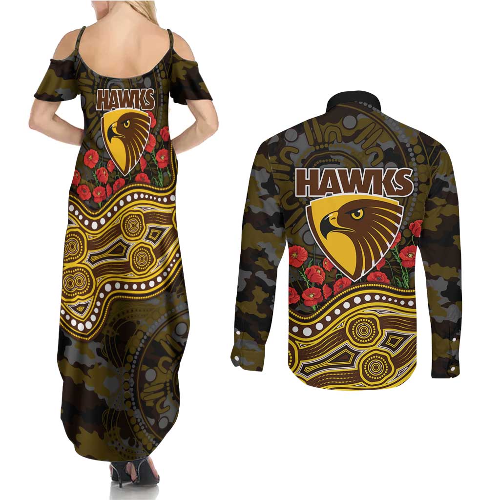 Hawthorn Hawks ANZAC Day Couples Matching Summer Maxi Dress and Long Sleeve Button Shirt Indigenous Dot Art with Poppy Flower Tribute