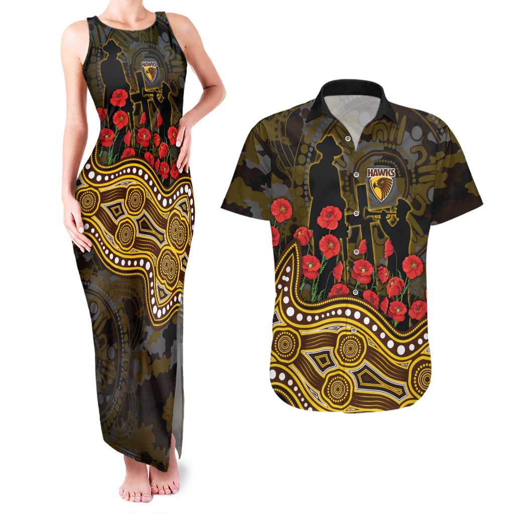 Hawthorn Hawks ANZAC Day Couples Matching Tank Maxi Dress and Hawaiian Shirt Indigenous Dot Art with Poppy Flower Tribute