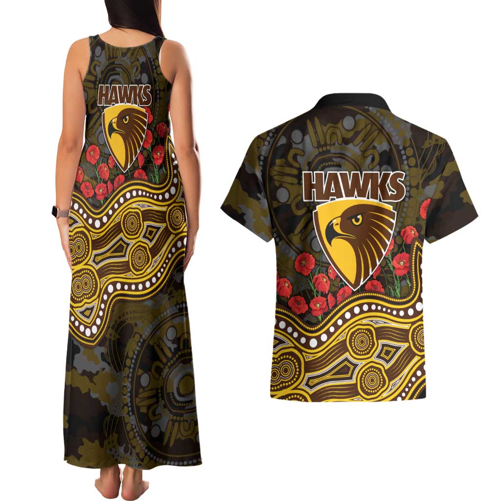 Hawthorn Hawks ANZAC Day Couples Matching Tank Maxi Dress and Hawaiian Shirt Indigenous Dot Art with Poppy Flower Tribute