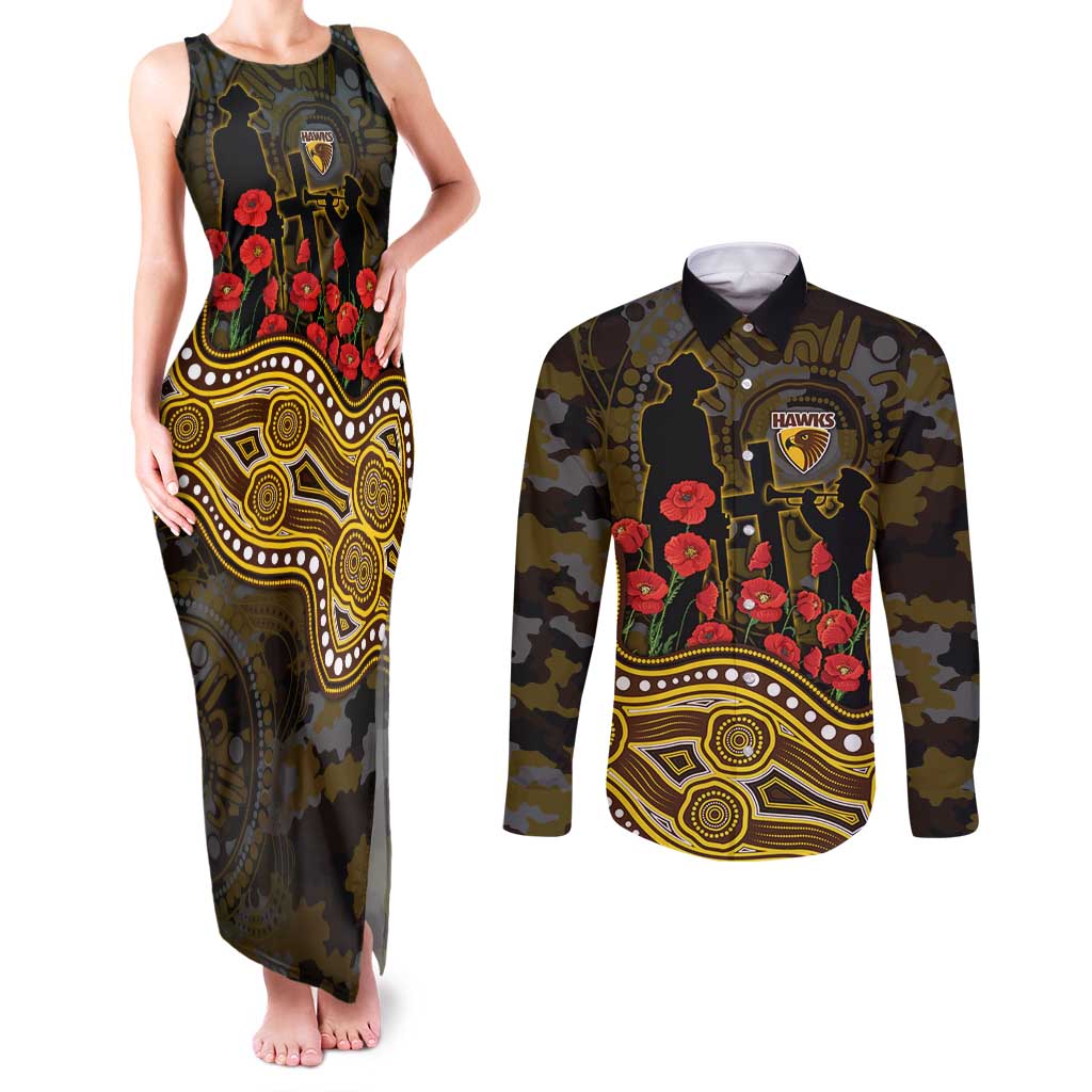 Hawthorn Hawks ANZAC Day Couples Matching Tank Maxi Dress and Long Sleeve Button Shirt Indigenous Dot Art with Poppy Flower Tribute