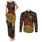 Hawthorn Hawks ANZAC Day Couples Matching Tank Maxi Dress and Long Sleeve Button Shirt Indigenous Dot Art with Poppy Flower Tribute