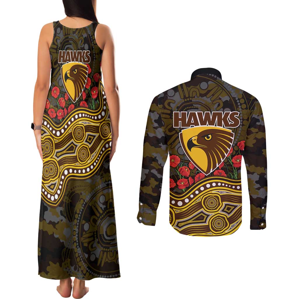 Hawthorn Hawks ANZAC Day Couples Matching Tank Maxi Dress and Long Sleeve Button Shirt Indigenous Dot Art with Poppy Flower Tribute