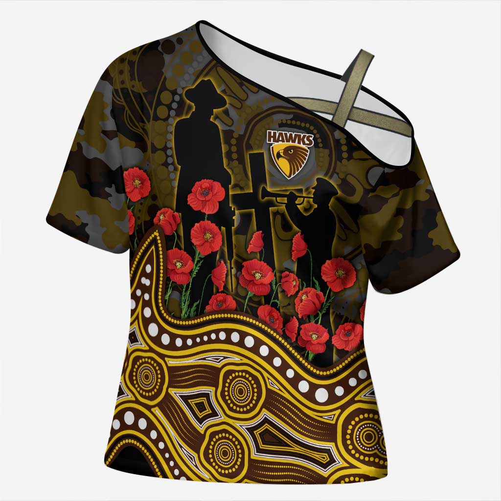 Hawthorn Hawks ANZAC Day Cross Shoulder Shirt Indigenous Dot Art with Poppy Flower Tribute
