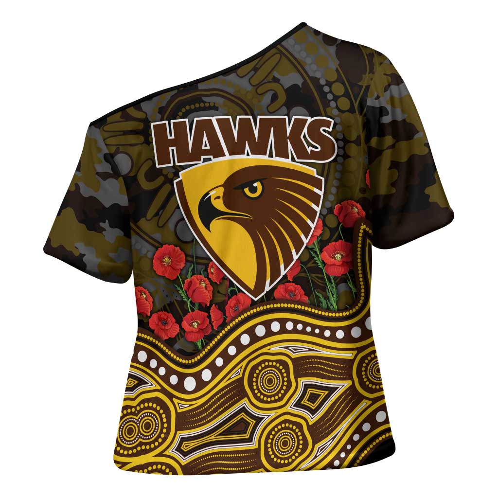 Hawthorn Hawks ANZAC Day Cross Shoulder Shirt Indigenous Dot Art with Poppy Flower Tribute