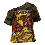 Hawthorn Hawks ANZAC Day Cross Shoulder Shirt Indigenous Dot Art with Poppy Flower Tribute
