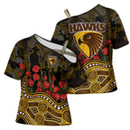 Hawthorn Hawks ANZAC Day Cross Shoulder Shirt Indigenous Dot Art with Poppy Flower Tribute