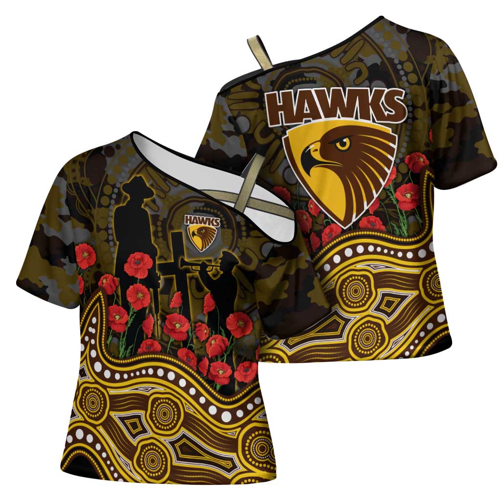 Hawthorn Hawks ANZAC Day Cross Shoulder Shirt Indigenous Dot Art with Poppy Flower Tribute