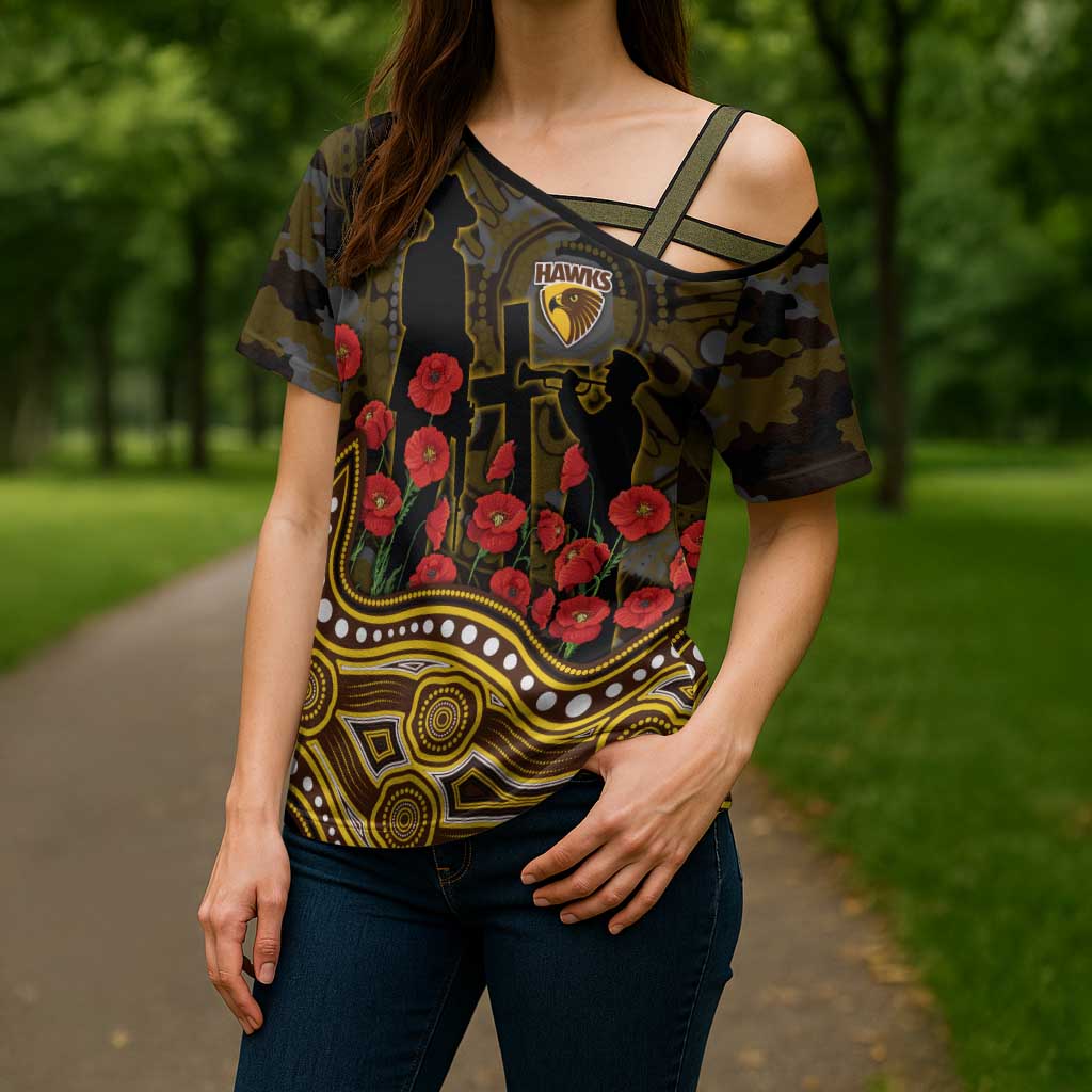 Hawthorn Hawks ANZAC Day Cross Shoulder Shirt Indigenous Dot Art with Poppy Flower Tribute