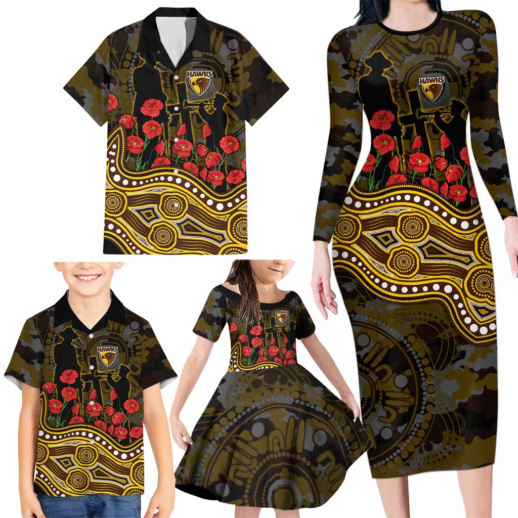 Hawthorn Hawks ANZAC Day Family Matching Long Sleeve Bodycon Dress and Hawaiian Shirt Indigenous Dot Art with Poppy Flower Tribute