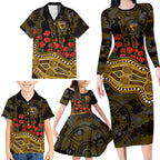 Hawthorn Hawks ANZAC Day Family Matching Long Sleeve Bodycon Dress and Hawaiian Shirt Indigenous Dot Art with Poppy Flower Tribute