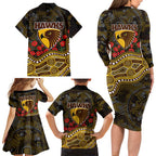 Hawthorn Hawks ANZAC Day Family Matching Long Sleeve Bodycon Dress and Hawaiian Shirt Indigenous Dot Art with Poppy Flower Tribute
