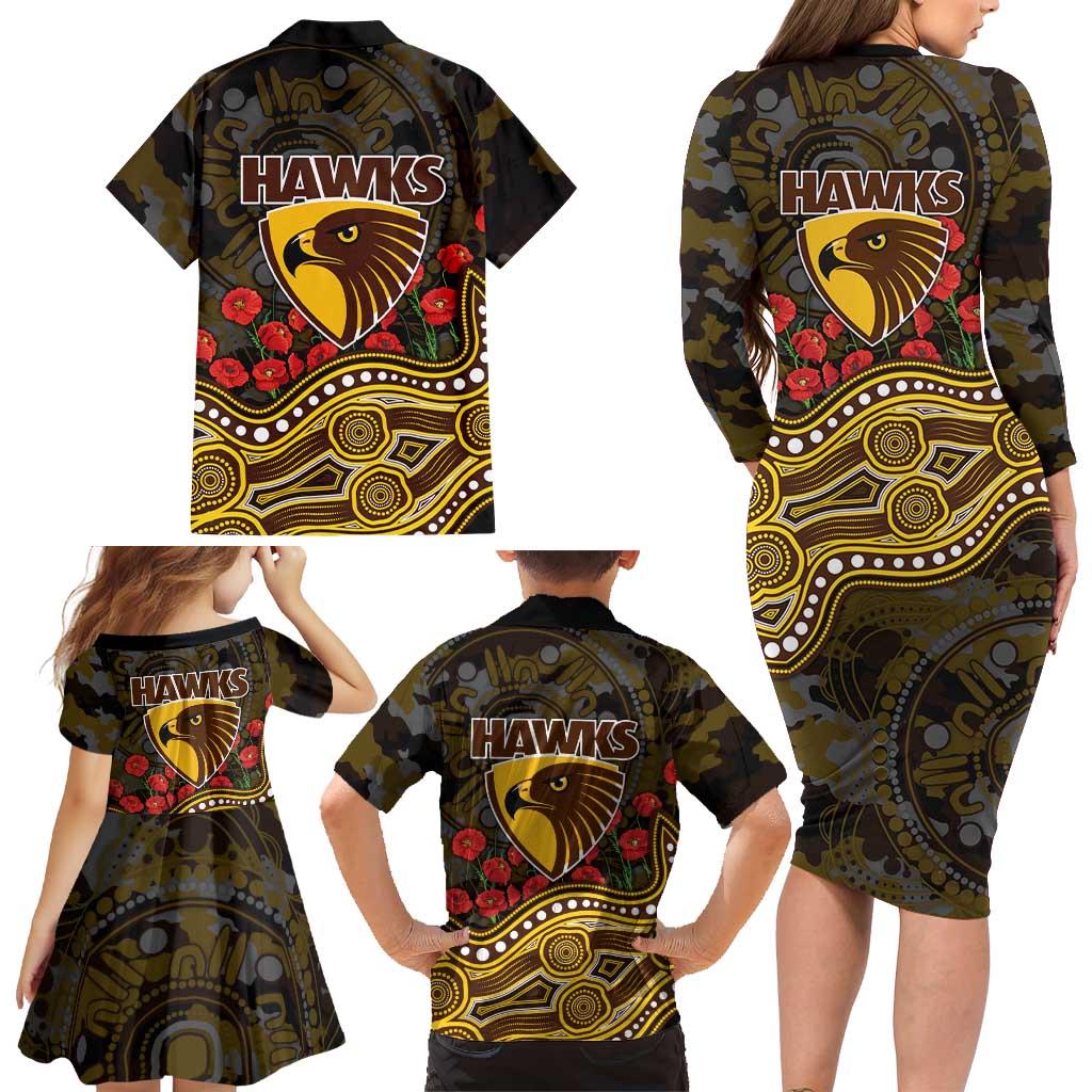 Hawthorn Hawks ANZAC Day Family Matching Long Sleeve Bodycon Dress and Hawaiian Shirt Indigenous Dot Art with Poppy Flower Tribute
