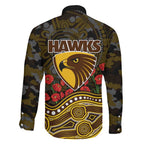 Hawthorn Hawks ANZAC Day Family Matching Long Sleeve Bodycon Dress and Hawaiian Shirt Indigenous Dot Art with Poppy Flower Tribute