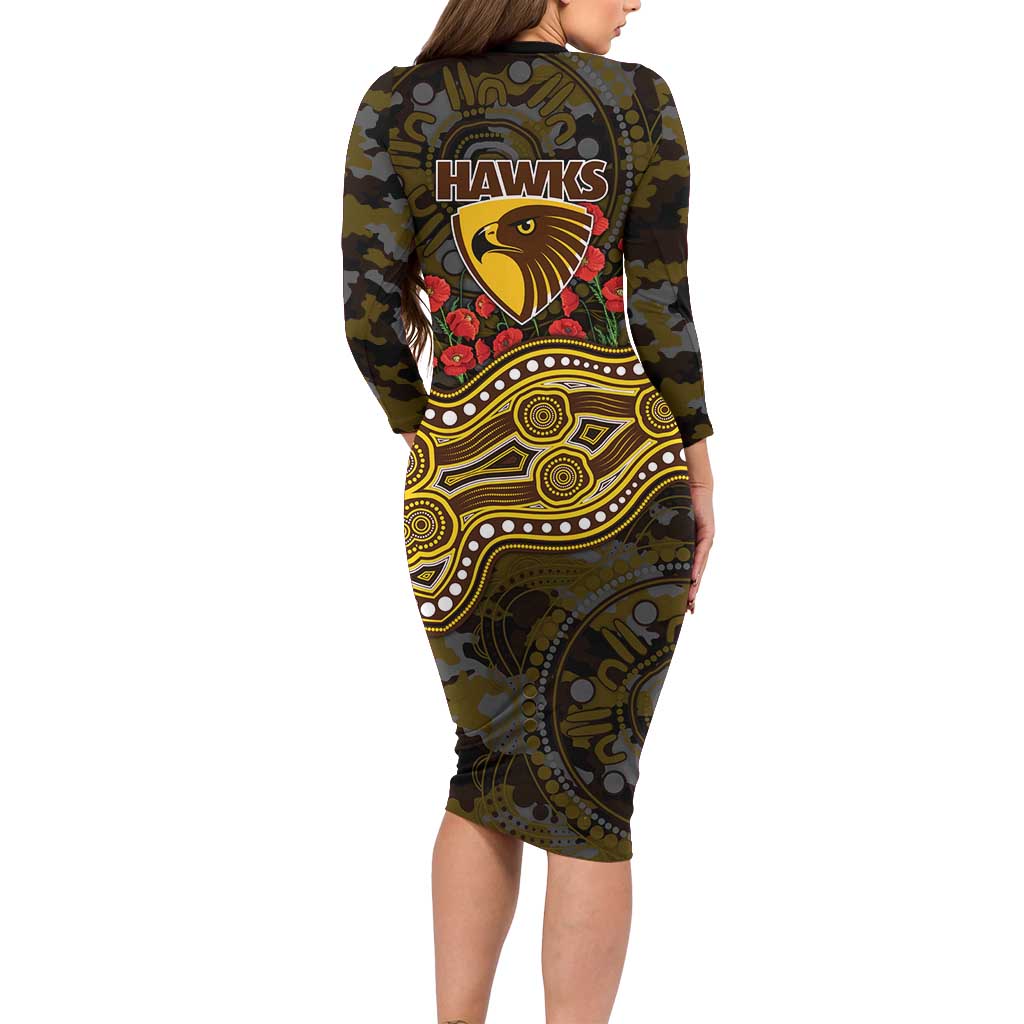 Hawthorn Hawks ANZAC Day Family Matching Long Sleeve Bodycon Dress and Hawaiian Shirt Indigenous Dot Art with Poppy Flower Tribute