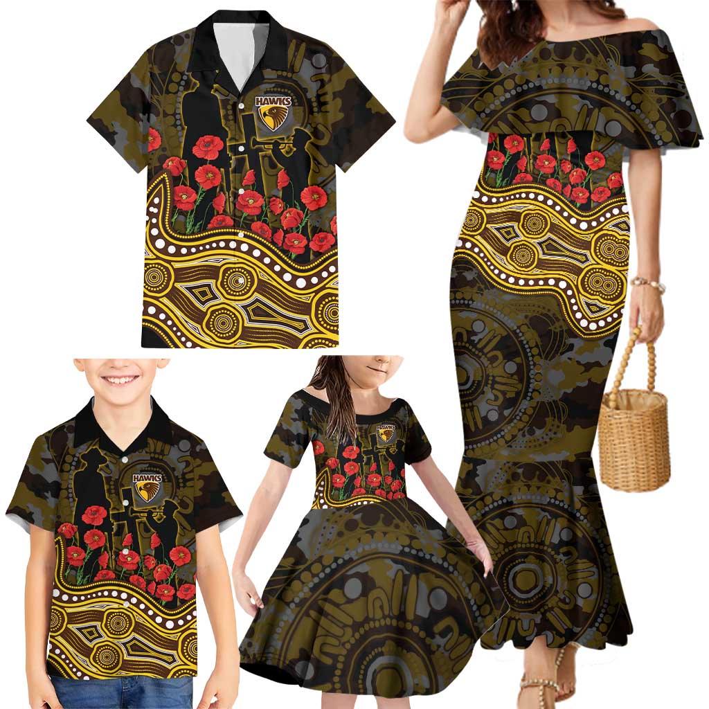 Hawthorn Hawks ANZAC Day Family Matching Mermaid Dress and Hawaiian Shirt Indigenous Dot Art with Poppy Flower Tribute