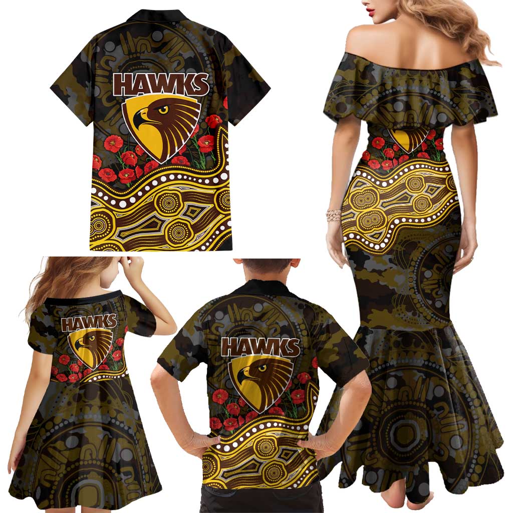 Hawthorn Hawks ANZAC Day Family Matching Mermaid Dress and Hawaiian Shirt Indigenous Dot Art with Poppy Flower Tribute