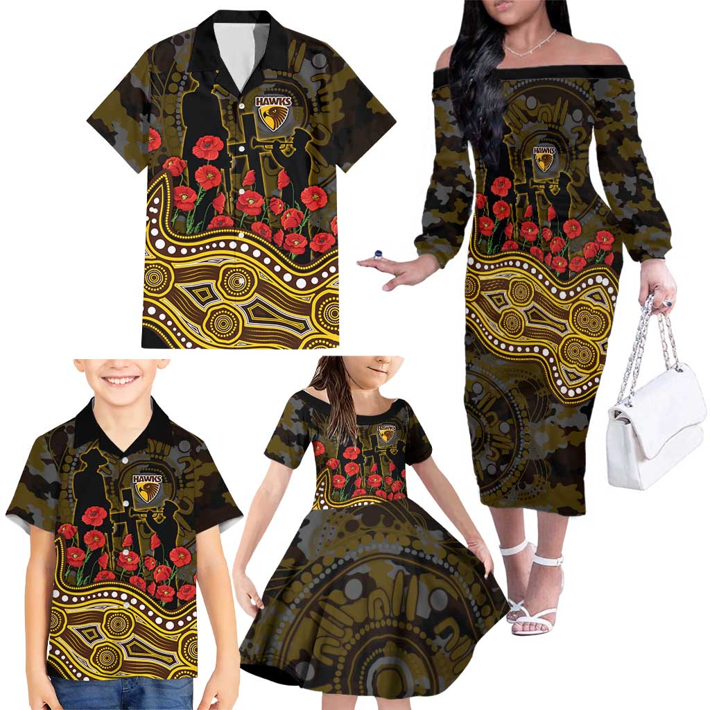 Hawthorn Hawks ANZAC Day Family Matching Off The Shoulder Long Sleeve Dress and Hawaiian Shirt Indigenous Dot Art with Poppy Flower Tribute