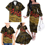 Hawthorn Hawks ANZAC Day Family Matching Off The Shoulder Long Sleeve Dress and Hawaiian Shirt Indigenous Dot Art with Poppy Flower Tribute