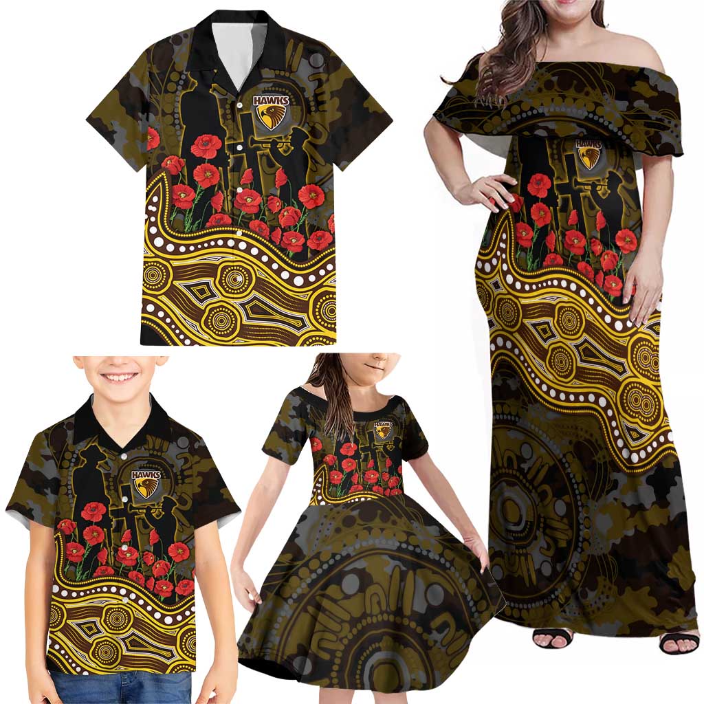 Hawthorn Hawks ANZAC Day Family Matching Off Shoulder Maxi Dress and Hawaiian Shirt Indigenous Dot Art with Poppy Flower Tribute