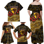 Hawthorn Hawks ANZAC Day Family Matching Off Shoulder Maxi Dress and Hawaiian Shirt Indigenous Dot Art with Poppy Flower Tribute