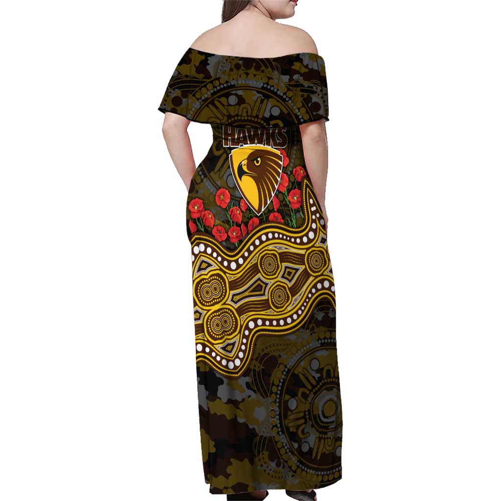 Hawthorn Hawks ANZAC Day Family Matching Off Shoulder Maxi Dress and Hawaiian Shirt Indigenous Dot Art with Poppy Flower Tribute