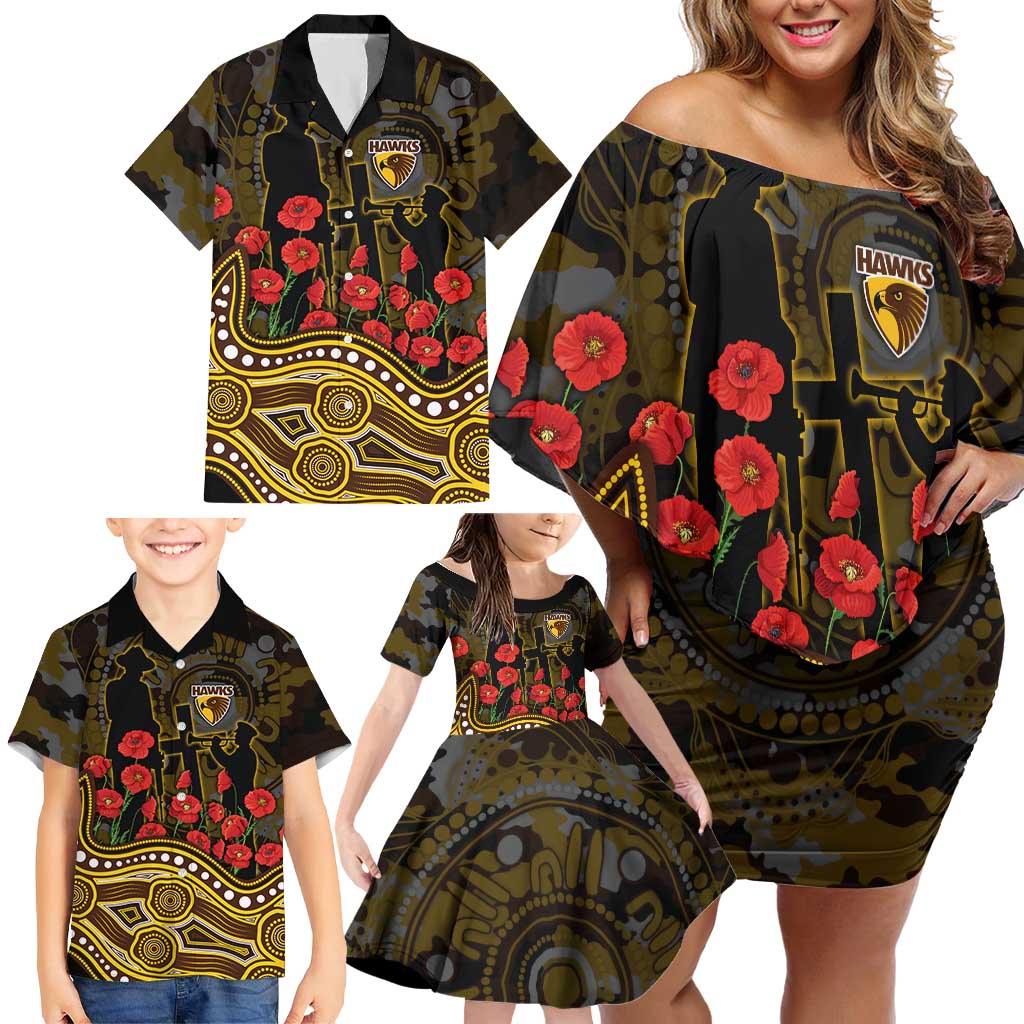Hawthorn Hawks ANZAC Day Family Matching Off Shoulder Short Dress and Hawaiian Shirt Indigenous Dot Art with Poppy Flower Tribute