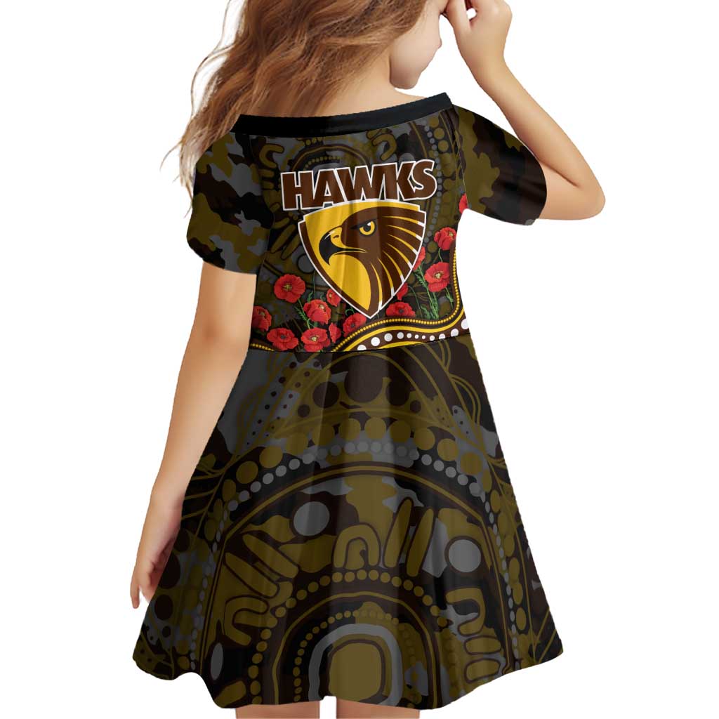 Hawthorn Hawks ANZAC Day Family Matching Off Shoulder Short Dress and Hawaiian Shirt Indigenous Dot Art with Poppy Flower Tribute