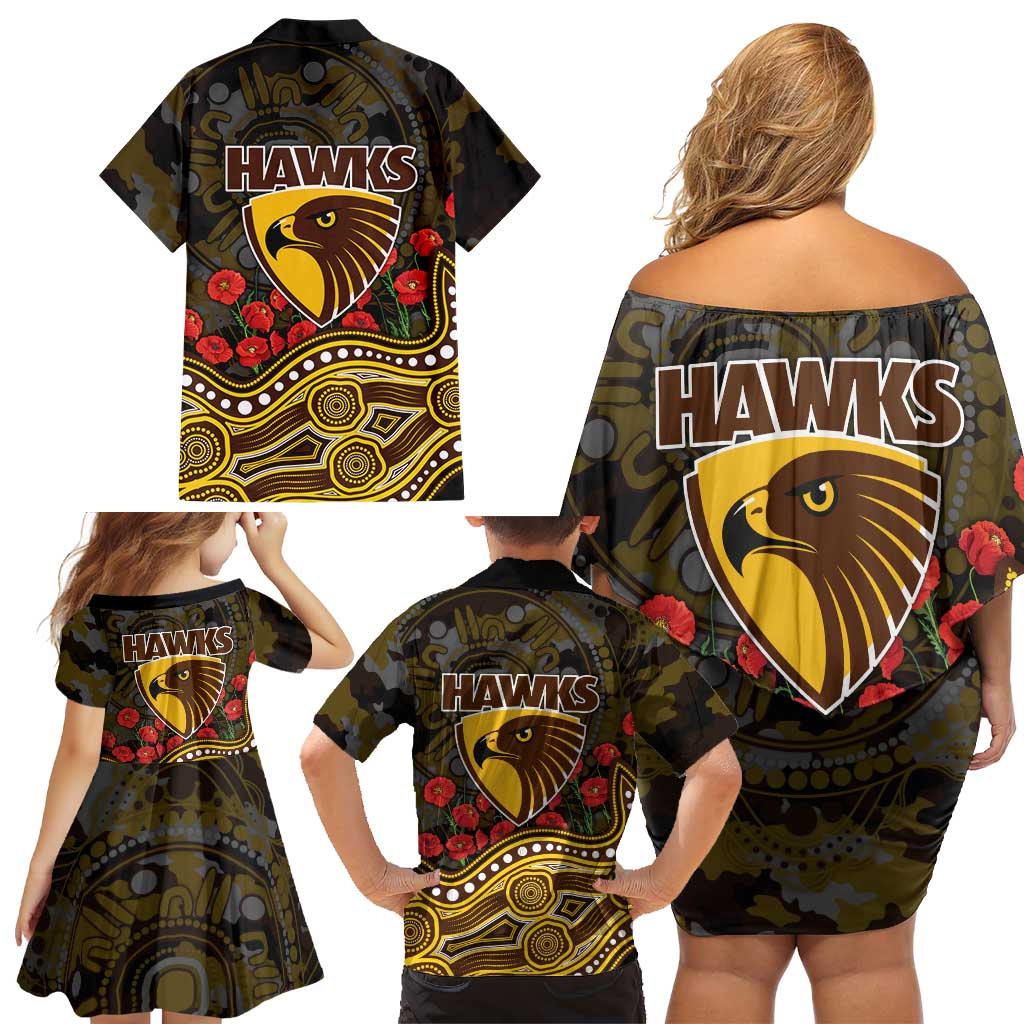 Hawthorn Hawks ANZAC Day Family Matching Off Shoulder Short Dress and Hawaiian Shirt Indigenous Dot Art with Poppy Flower Tribute
