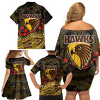 Hawthorn Hawks ANZAC Day Family Matching Off Shoulder Short Dress and Hawaiian Shirt Indigenous Dot Art with Poppy Flower Tribute