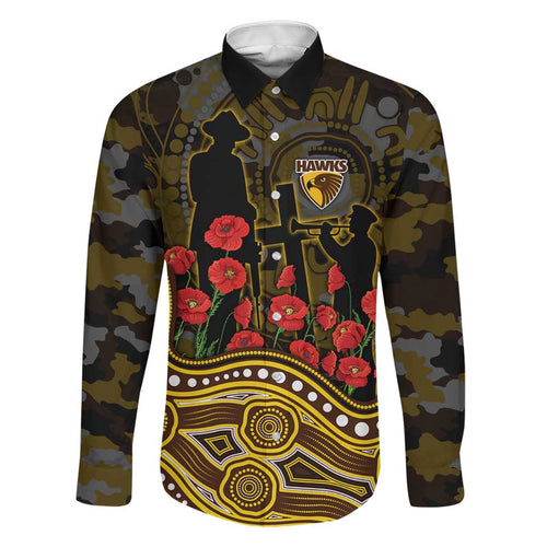 Hawthorn Hawks ANZAC Day Family Matching Off Shoulder Short Dress and Hawaiian Shirt Indigenous Dot Art with Poppy Flower Tribute