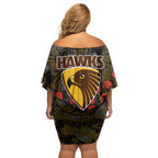 Hawthorn Hawks ANZAC Day Family Matching Off Shoulder Short Dress and Hawaiian Shirt Indigenous Dot Art with Poppy Flower Tribute