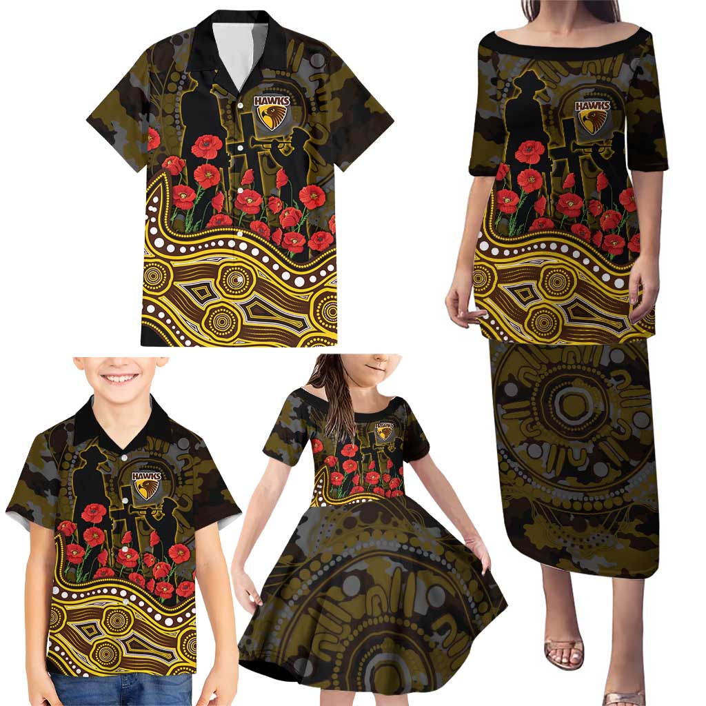 Hawthorn Hawks ANZAC Day Family Matching Puletasi and Hawaiian Shirt Indigenous Dot Art with Poppy Flower Tribute
