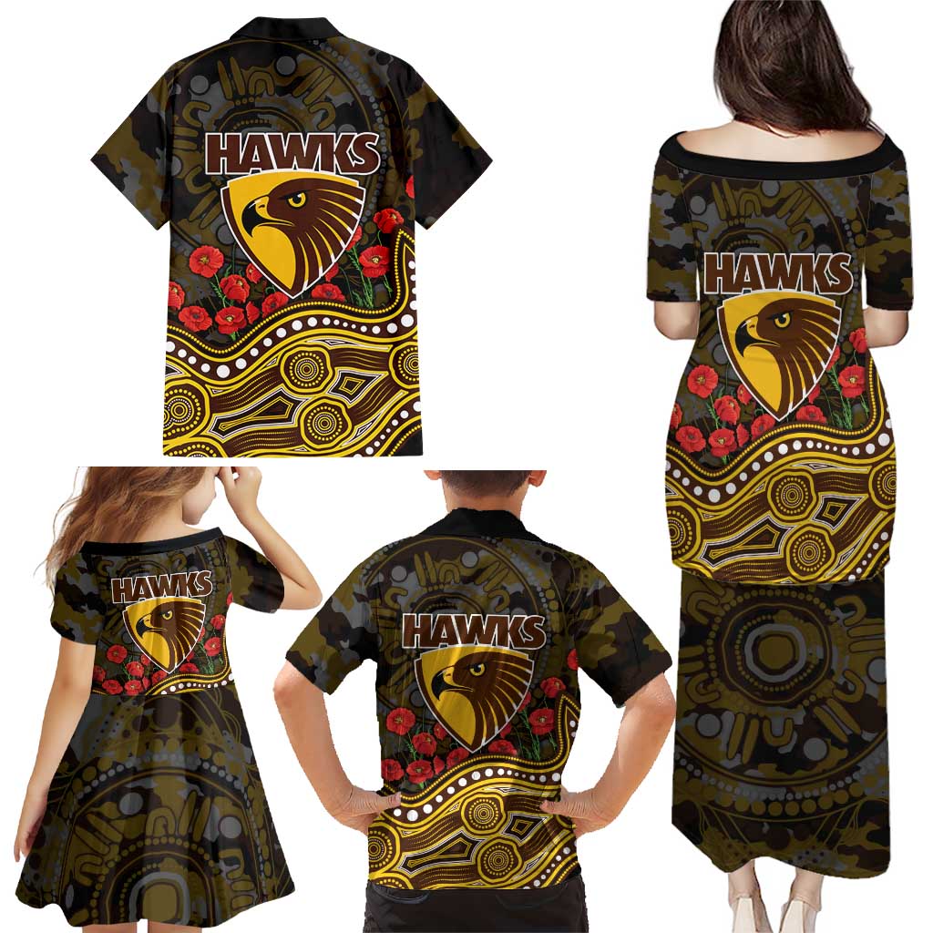 Hawthorn Hawks ANZAC Day Family Matching Puletasi and Hawaiian Shirt Indigenous Dot Art with Poppy Flower Tribute